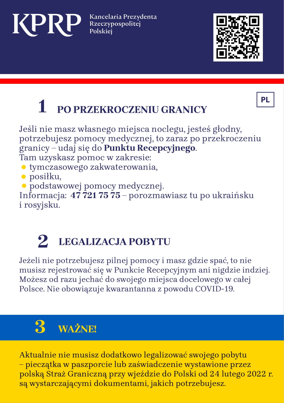 Ulotka informacyjna dotycząca pomocy uchodźcom wojennym z Ukrainy 